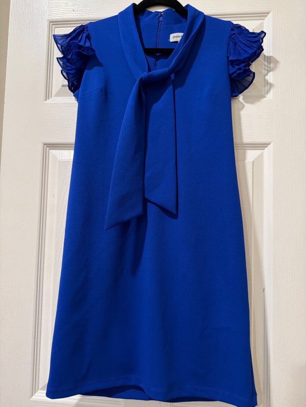 Shelby & Palmer Blue Short-Sleeve Dress With Ruffle Sleeves & Tie Neck Size 4 Ma